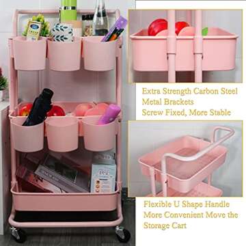 Piowio 3 Tier Utility Storage Cart Rolling Cart Organizer Shelf with 6PCS Hanging Cups for Home Kitchen Office Storage (Pink)