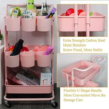 Piowio 3 Tier Utility Storage Cart Rolling Cart Organizer Shelf with 6PCS Hanging Cups for Home Kitchen Office Storage (Pink)