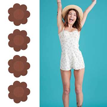 Geyoga 30 Pieces Nipple Cover Pasties Disposable Nipple Covers No Show Satin Breast Stickers Self Adhesive Petal Bra Pasties(Brown)
