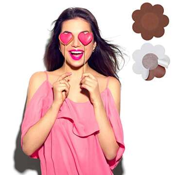 Geyoga 30 Pieces Nipple Cover Pasties Disposable Nipple Covers No Show Satin Breast Stickers Self Adhesive Petal Bra Pasties(Brown)