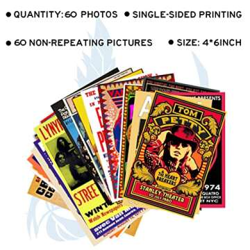 WOONKIT 60 PC Vintage Rock Band Posters, 70s 80s 90s Retro Concert Prints, Bedroom Wall Art, Album Cover Collage, 4x6 Inch (Set of 60)