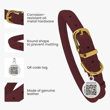 BRONZEDOG Rolled Leather Dog Collar with QR ID Tag Adjustable Soft Round Collars for Small Medium Large Dogs Puppy (7" - 10" Neck Size, Burgundy)