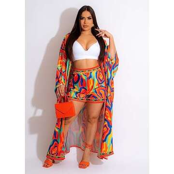 QegarTop Two Piece Vacation Short Sets for Women Chiffon Coverup Kimono Set Flowy Beach Boho Duster M