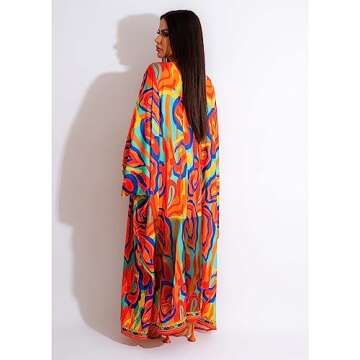 QegarTop Two Piece Vacation Short Sets for Women Chiffon Coverup Kimono Set Flowy Beach Boho Duster M