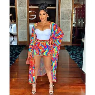 QegarTop Two Piece Vacation Short Sets for Women Chiffon Coverup Kimono Set Flowy Beach Boho Duster M