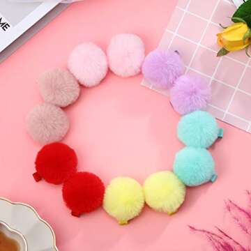 Colorful Fluffy Fur Pom Pom Hair Clips and Barrettes for Toddlers, Baby Girls, and Women - 12 Pieces, 2", Fall/Winter Hair Accessories