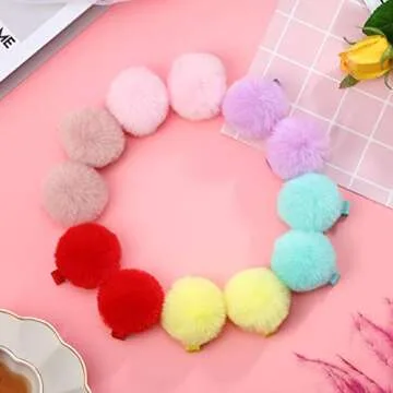 Colorful Fluffy Fur Pom Pom Hair Clips and Barrettes for Toddlers, Baby Girls, and Women - 12 Pieces, 2", Fall/Winter Hair Accessories