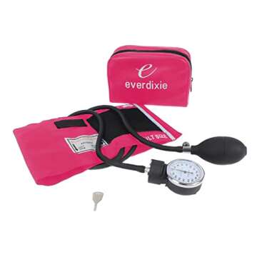 Dixie Ems Deluxe Aneroid Sphygmomanometer Blood Pressure Set W/ Adult Cuff, Carrying Case and Calibration Tool - Pink