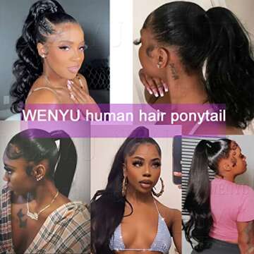 WENYU Body Wave Human Hair Ponytail Extension For Black Women With Magic Paste Wrap Around Ponytail Human Hair Ponytail For Black Women Brazilian Virgin Body Wave Clip In Ponytail Hair Extensions