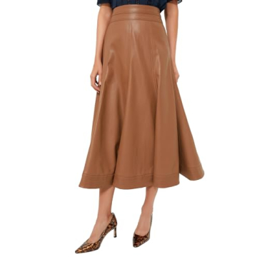 YEXPINE Women's Faux Leather Long Skirt High Waisted Pleated A Line Flare Skater Skirts Brown