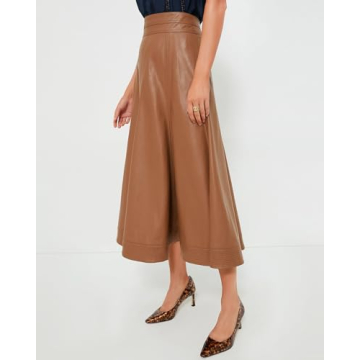 YEXPINE Women's Faux Leather Long Skirt High Waisted Pleated A Line Flare Skater Skirts Brown