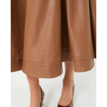 YEXPINE Women's Faux Leather Long Skirt High Waisted Pleated A Line Flare Skater Skirts Brown