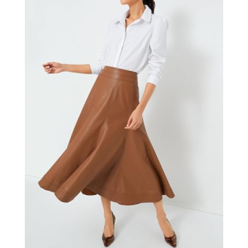 YEXPINE Women's Faux Leather Long Skirt High Waisted Pleated A Line Flare Skater Skirts Brown