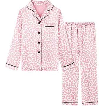 Schbbbta Satin Pajamas Sets for Girls, 2 Pcs Sleepwear Silk Button-Down Pj Set Loungewear, Bright Pi...