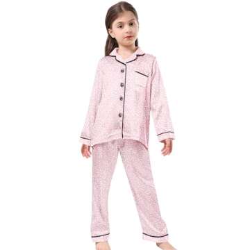 Schbbbta Satin Pajamas Sets for Girls, 2 Pcs Sleepwear Silk Button-Down Pj Set Loungewear, Bright Pink Leopard, 9-10 Years = Tag 150