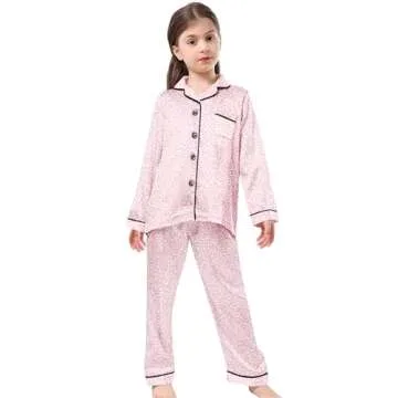 Schbbbta Satin Pajamas Sets for Girls, 2 Pcs Sleepwear Silk Button-Down Pj Set Loungewear, Bright Pink Leopard, 9-10 Years = Tag 150