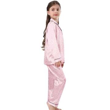 Schbbbta Satin Pajamas Sets for Girls, 2 Pcs Sleepwear Silk Button-Down Pj Set Loungewear, Bright Pink Leopard, 9-10 Years = Tag 150