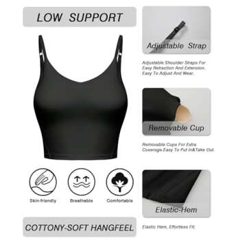 Comper Women Longline Adjustable Sports Bra Wirefree Racerback Workout Bras Sexy Thin Straps Yoga Sport Bras Tank Tops with Removable Pads(Black-XL)