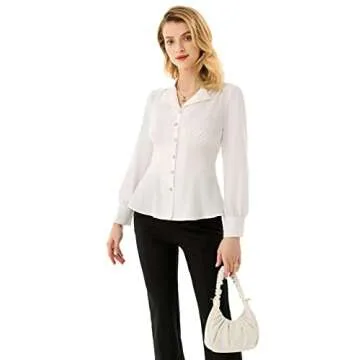 Button Down Blouse for Women Vintage Peplum Tops Collar Shirt Long Sleeve Summer Work Office Top White XL