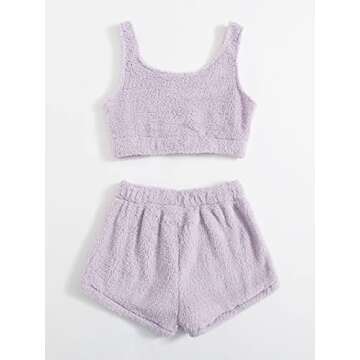 SweatyRocks Women's Fuzzy Pajamas Set Crop Tank Top with Shorts Loungewear Lilac Purple M