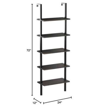 Nathan James Theo 5-Shelf Wood Modern Bookcase, Open Wall Mount Ladder Bookshelf with Industrial Metal Frame, Dark Brown Nutmeg/Black