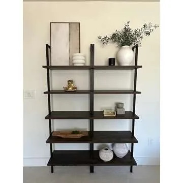 Nathan James Theo 5-Shelf Wood Modern Bookcase, Open Wall Mount Ladder Bookshelf with Industrial Metal Frame, Dark Brown Nutmeg/Black
