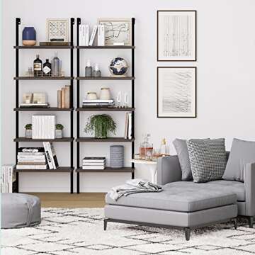 Nathan James Theo 5-Shelf Wood Modern Bookcase, Open Wall Mount Ladder Bookshelf with Industrial Metal Frame, Dark Brown Nutmeg/Black