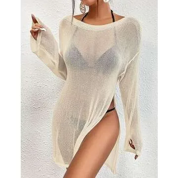 Bsubseach Crochet Swimsuit Coverup for Women Sheer Bathing Suit Cover Ups Kintted Swimwear Bikini Beach Vacation Outfits Apricot XL