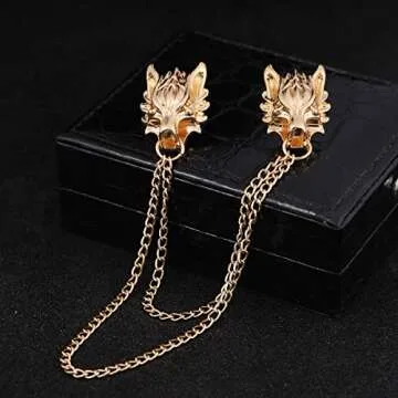 2PCS Punk Wolf Head Long Chain Brooch. Gold Silver Chain Tassel Brooch Pin, Cool Animal Head Collar Coat Pin for Men's Suits Shirt Pin (Gold)