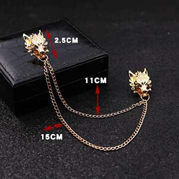2PCS Punk Wolf Head Long Chain Brooch. Gold Silver Chain Tassel Brooch Pin, Cool Animal Head Collar Coat Pin for Men's Suits Shirt Pin (Gold)