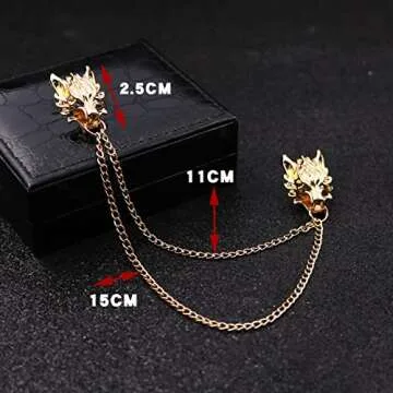 2PCS Punk Wolf Head Long Chain Brooch. Gold Silver Chain Tassel Brooch Pin, Cool Animal Head Collar Coat Pin for Men's Suits Shirt Pin (Gold)