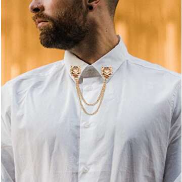 2PCS Punk Wolf Head Long Chain Brooch. Gold Silver Chain Tassel Brooch Pin, Cool Animal Head Collar Coat Pin for Men's Suits Shirt Pin (Gold)