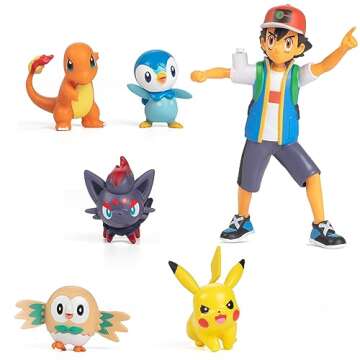 Pokémon Battle Ready! Figure Set, 6 Pieces - 4.5" Ash & Launching Pikachu, 2" Charmander, Rowlet, P...