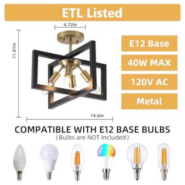 Minyuco Semi-Flush Mount Ceiling Light - Modern Industrial Light Fixture Black and Gold,4-Light Candelabra Lighting Ceiling Lamp for Kitchen Foyer Entryway Hallway Bedroom Closet