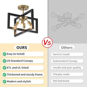 Minyuco Semi-Flush Mount Ceiling Light - Modern Industrial Light Fixture Black and Gold,4-Light Candelabra Lighting Ceiling Lamp for Kitchen Foyer Entryway Hallway Bedroom Closet