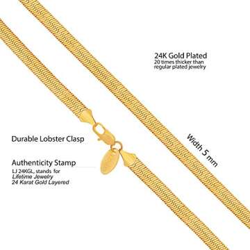 LIFETIME JEWELRY 5mm Flexible Herringbone Chain Necklace 24k Real Gold Plated (18 inches, Gold)