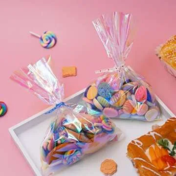 Ctoiotc Valentine's Day Cellophane Bags,Cellophane Treat Bags, Iridescent Holographic Candy Bags, Clear Goodie Bags with 5 Colors Pieces Twist Ties for Birthday Party Favors, Easter, Weddings
