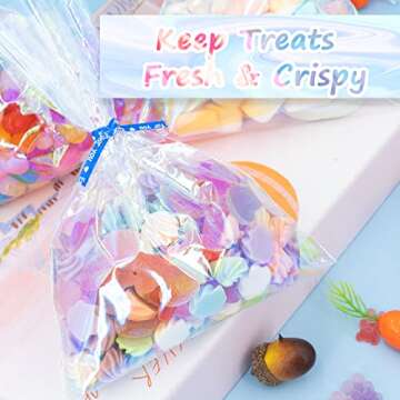 Ctoiotc Valentine's Day Cellophane Bags,Cellophane Treat Bags, Iridescent Holographic Candy Bags, Clear Goodie Bags with 5 Colors Pieces Twist Ties for Birthday Party Favors, Easter, Weddings
