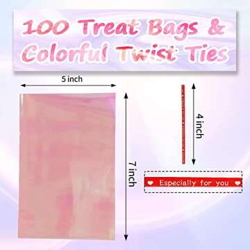 Ctoiotc Valentine's Day Cellophane Bags,Cellophane Treat Bags, Iridescent Holographic Candy Bags, Clear Goodie Bags with 5 Colors Pieces Twist Ties for Birthday Party Favors, Easter, Weddings