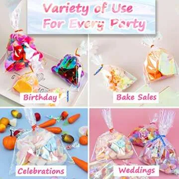 Ctoiotc Valentine's Day Cellophane Bags,Cellophane Treat Bags, Iridescent Holographic Candy Bags, Clear Goodie Bags with 5 Colors Pieces Twist Ties for Birthday Party Favors, Easter, Weddings