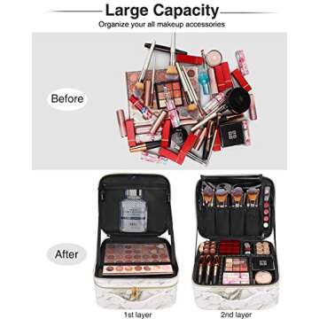 Makeup Case Cosmetic Bag Travel Makeup Train Case Black with 14 Pcs Premium Makeup Brushes Set Kit Rose Golden, Blender Sponge and Brush Egg Gift Set (17 Pcs)