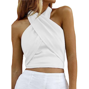 HYPERFIRE Women's Sexy Sleeveless Criss Cross Halter Wrap Front Cami Crop Top Clubbing White-1 Mediu...