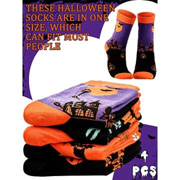 Loopeer 4 Pairs Halloween Socks Novelty Socks Holiday Sock Pumpkin Food Horse Pattern Gift for Men Women Christmas Thanksgiving (Pumpkin Style)