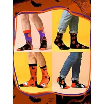 Loopeer 4 Pairs Halloween Socks Novelty Socks Holiday Sock Pumpkin Food Horse Pattern Gift for Men Women Christmas Thanksgiving (Pumpkin Style)