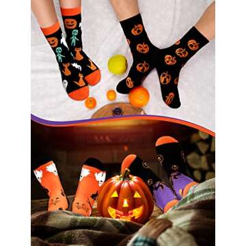 Loopeer 4 Pairs Halloween Socks Novelty Socks Holiday Sock Pumpkin Food Horse Pattern Gift for Men Women Christmas Thanksgiving (Pumpkin Style)