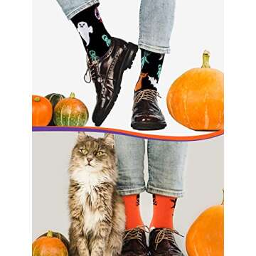 Loopeer 4 Pairs Halloween Socks Novelty Socks Holiday Sock Pumpkin Food Horse Pattern Gift for Men Women Christmas Thanksgiving (Pumpkin Style)