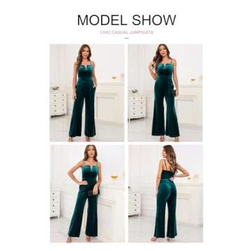 BLENCOT Sleeveless Velvet Jumpsuits For Women V Neck Spaghetti Straps Wide Leg Long Pants Dressy Rompers Winter Overalls Green Large