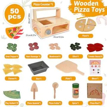 Wooderma 50 Pcs Wooden Pizza Toy, Montessori Pretend Play Toys, Wooden Pizza Counter Playset with Ba...