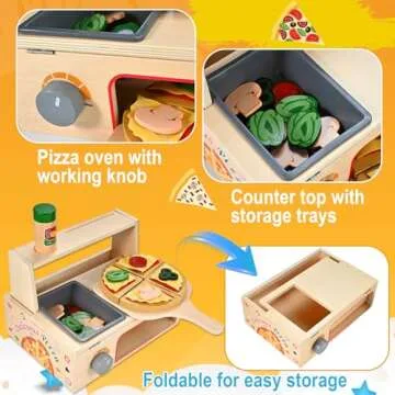 Wooderma 50 Pcs Wooden Pizza Toy, Montessori Pretend Play Toys, Wooden Pizza Counter Playset with Bake Oven, Play Food and Accessories, Cooking Pretend Play Toys for Boys Girls Age 3+