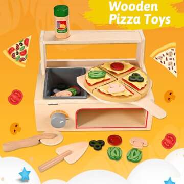 Wooderma 50 Pcs Wooden Pizza Toy, Montessori Pretend Play Toys, Wooden Pizza Counter Playset with Bake Oven, Play Food and Accessories, Cooking Pretend Play Toys for Boys Girls Age 3+